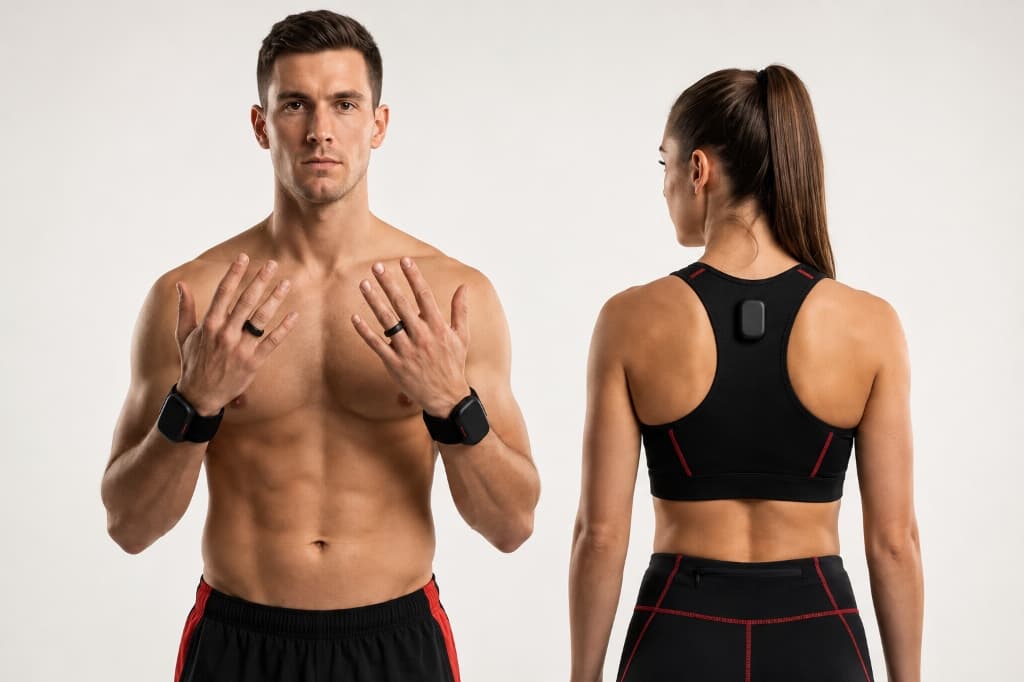 Athletes wearing QTrack smart rings, wrist hubs, and compression spine vest