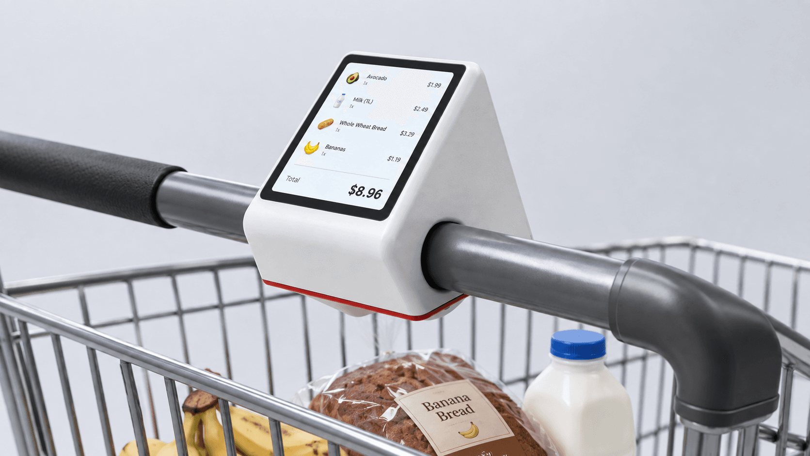 Quick Cart clipped to a trolley handle, screen showing a running bill