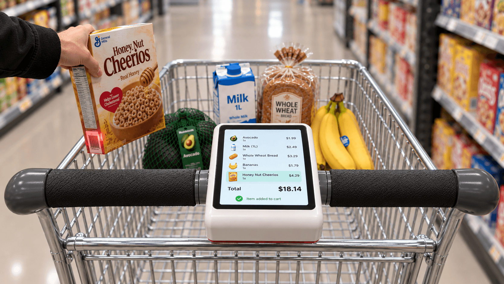 A shopper adding a cereal box to the trolley as Quick Cart registers it on screen