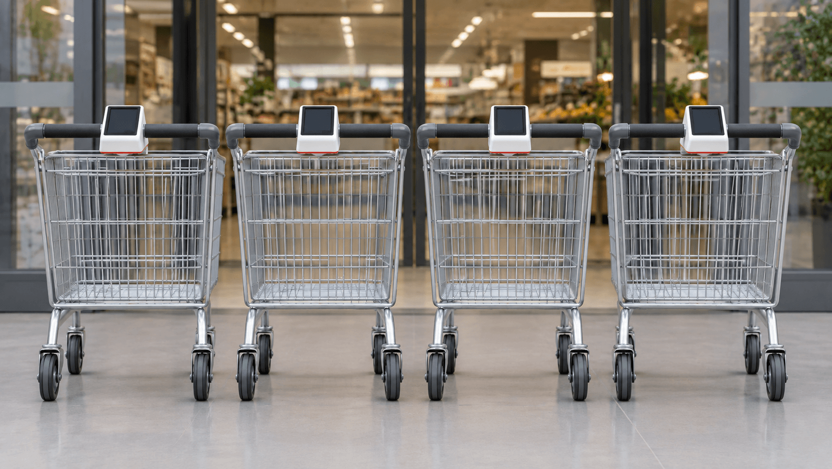 A row of trolleys at a store entrance, each fitted with Quick Cart