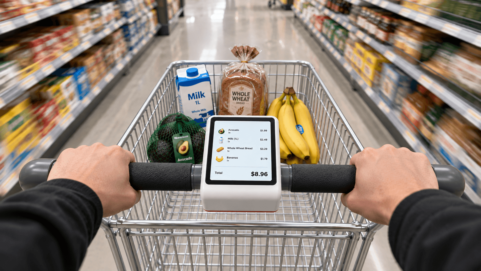 A shopper pushing a trolley, reading the running bill on the Quick Cart screen